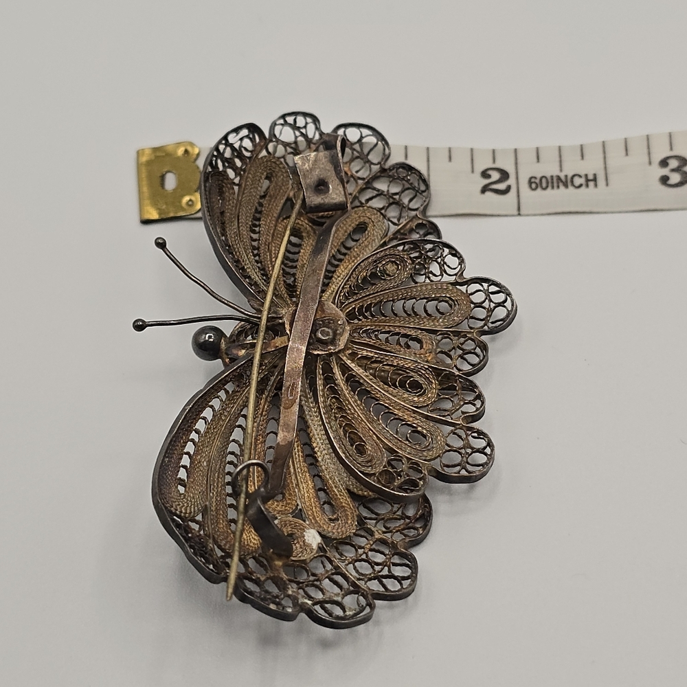 VTG Silver Filigree Butterfly Brooch Pin Pendant 1950s-60s Mid Century Jewelry - Picture 9 of 11